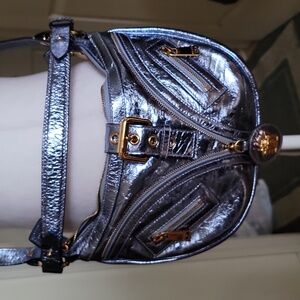 Dua Lipa With Versace Metallic Silver Crossbody Bag